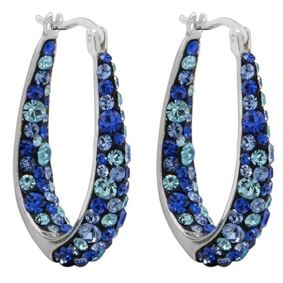 14K White Gold with Blue Sapphire Crystal U Shape French Lock Hoop Drop Earrings - Picture 1 of 5